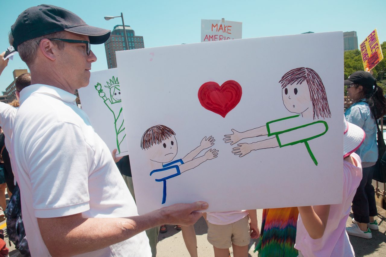 6/30/2018. New York City - March: “Families Belong Together.” People crossing the Brooklyn Bridge in support of refugee families. People’s protectors are marching from Foley Square in Manhattan to Cadman Plaza in Brooklyn. Credit: Photo by Javier Soriano/LoveIsAmor.com