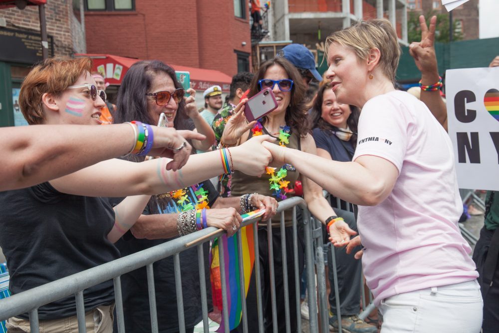 Sunday, June 24, 2018. New York City – New Yorkers celebrated the biggest LGBTQ Pride March in the United States of America. This year, the NYC Pride March celebrated 49 years. Cynthia Nixon was one of the thousands of people that marched this year. Cynthia is Lesbian and has a Transgender son. Cynthia Nixon is a lifelong New Yorker, actor, and progressive advocate running for governor of New York State to fight for a better, more fair New York. The primary elections in New York are on Thursday, September 13, 2018. Photo by Javier Soriano/LoveIsAmor.com