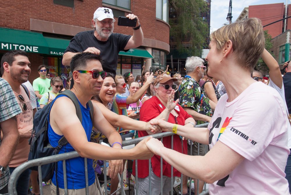 Sunday, June 24, 2018. New York City – New Yorkers celebrated the biggest LGBTQ Pride March in the United States of America. This year, the NYC Pride March celebrated 49 years. Cynthia Nixon was one of the thousands of people that marched this year. Cynthia is Lesbian and has a Transgender son. Cynthia Nixon is a lifelong New Yorker, actor, and progressive advocate running for governor of New York State to fight for a better, more fair New York. The primary elections in New York are on Thursday, September 13, 2018. Photo by Javier Soriano/LoveIsAmor.com