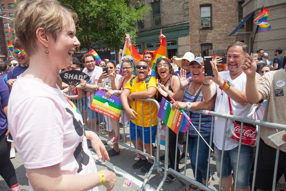 Sunday, June 24, 2018. New York City – New Yorkers celebrated the biggest LGBTQ Pride March in the United States of America. This year, the NYC Pride March celebrated 49 years. Cynthia Nixon was one of the thousands of people that marched this year. Cynthia is Lesbian and has a Transgender son. Cynthia Nixon is a lifelong New Yorker, actor, and progressive advocate running for governor of New York State to fight for a better, more fair New York. The primary elections in New York are on Thursday, September 13, 2018. Photo by Javier Soriano/LoveIsAmor.com