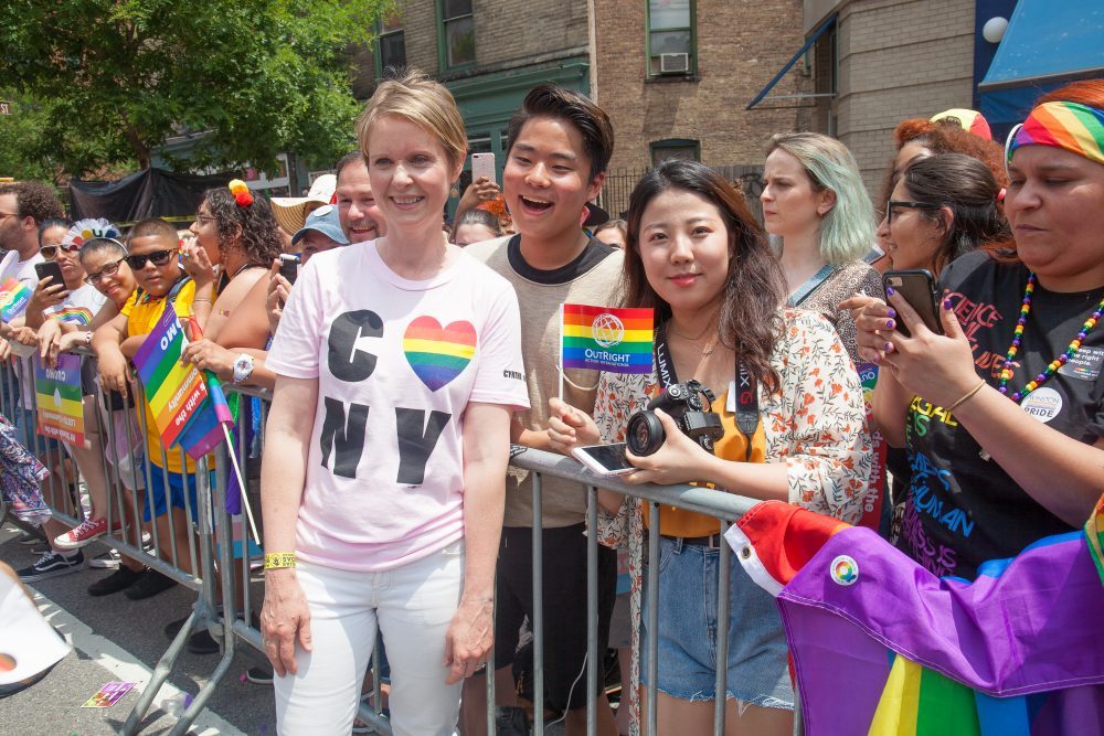 Sunday, June 24, 2018. New York City – New Yorkers celebrated the biggest LGBTQ Pride March in the United States of America. This year, the NYC Pride March celebrated 49 years. Cynthia Nixon was one of the thousands of people that marched this year. Cynthia is Lesbian and has a Transgender son. Cynthia Nixon is a lifelong New Yorker, actor, and progressive advocate running for governor of New York State to fight for a better, more fair New York. The primary elections in New York are on Thursday, September 13, 2018. Photo by Javier Soriano/LoveIsAmor.com