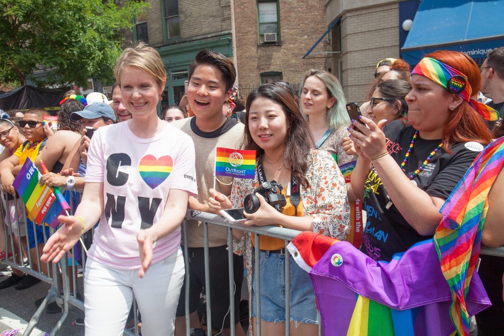 Sunday, June 24, 2018. New York City – New Yorkers celebrated the biggest LGBTQ Pride March in the United States of America. This year, the NYC Pride March celebrated 49 years. Cynthia Nixon was one of the thousands of people that marched this year. Cynthia is Lesbian and has a Transgender son. Cynthia Nixon is a lifelong New Yorker, actor, and progressive advocate running for governor of New York State to fight for a better, more fair New York. The primary elections in New York are on Thursday, September 13, 2018. Photo by Javier Soriano/LoveIsAmor.com