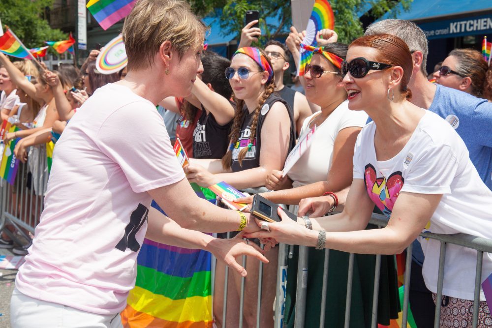 Sunday, June 24, 2018. New York City – New Yorkers celebrated the biggest LGBTQ Pride March in the United States of America. This year, the NYC Pride March celebrated 49 years. Cynthia Nixon was one of the thousands of people that marched this year. Cynthia is Lesbian and has a Transgender son. Cynthia Nixon is a lifelong New Yorker, actor, and progressive advocate running for governor of New York State to fight for a better, more fair New York. The primary elections in New York are on Thursday, September 13, 2018. Photo by Javier Soriano/LoveIsAmor.com