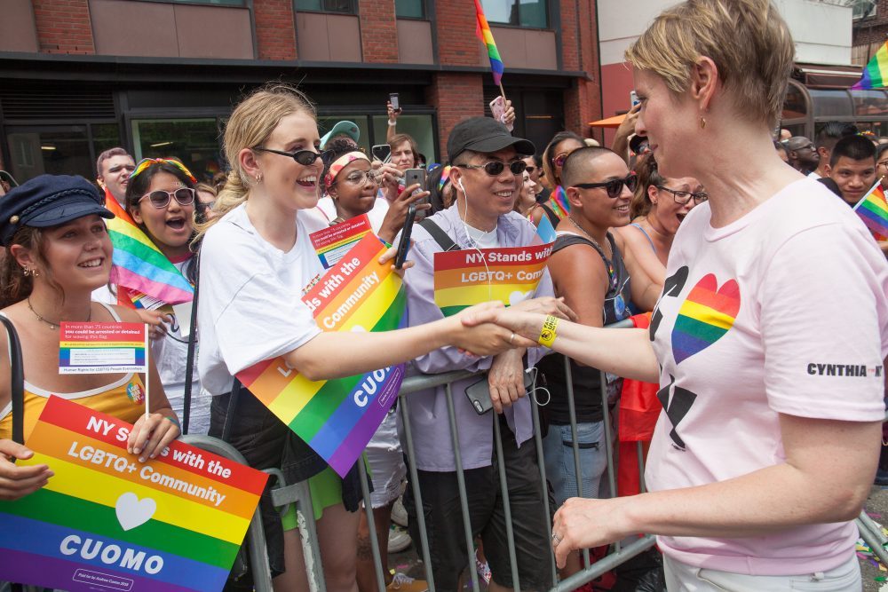 Sunday, June 24, 2018. New York City – New Yorkers celebrated the biggest LGBTQ Pride March in the United States of America. This year, the NYC Pride March celebrated 49 years. Cynthia Nixon was one of the thousands of people that marched this year. Cynthia is Lesbian and has a Transgender son. Cynthia Nixon is a lifelong New Yorker, actor, and progressive advocate running for governor of New York State to fight for a better, more fair New York. The primary elections in New York are on Thursday, September 13, 2018. Photo by Javier Soriano/LoveIsAmor.com