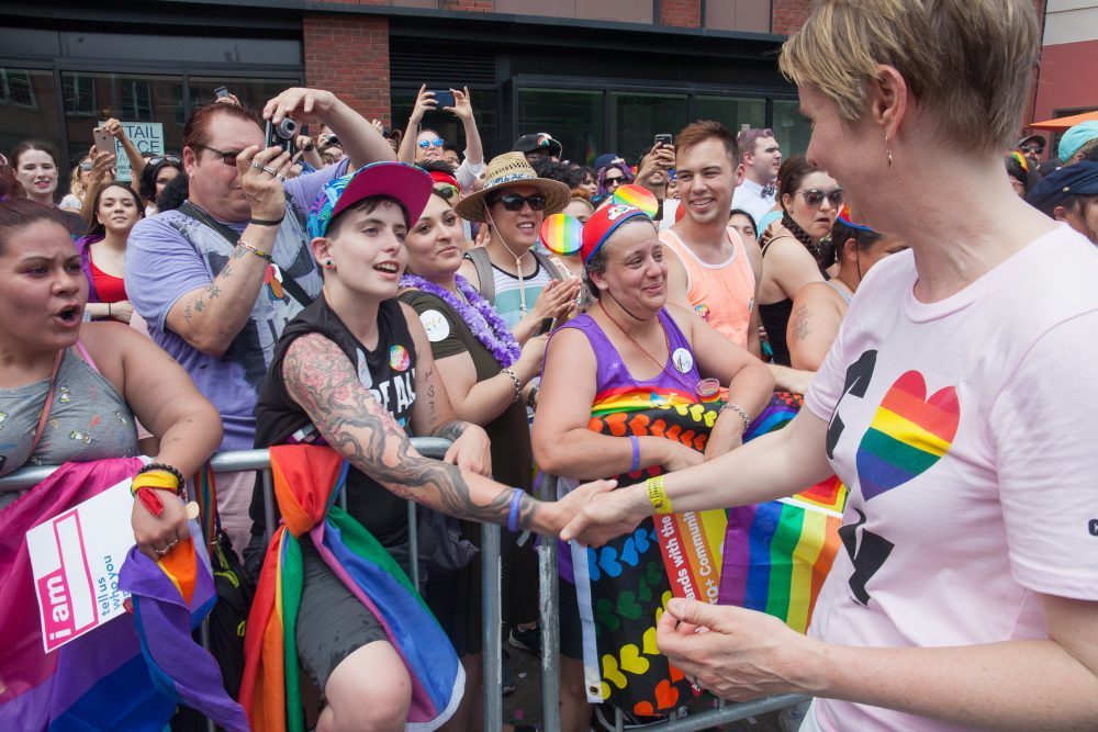 Sunday, June 24, 2018. New York City – New Yorkers celebrated the biggest LGBTQ Pride March in the United States of America. This year, the NYC Pride March celebrated 49 years. Cynthia Nixon was one of the thousands of people that marched this year. Cynthia is Lesbian and has a Transgender son. Cynthia Nixon is a lifelong New Yorker, actor, and progressive advocate running for governor of New York State to fight for a better, more fair New York. The primary elections in New York are on Thursday, September 13, 2018. Photo by Javier Soriano/LoveIsAmor.com
