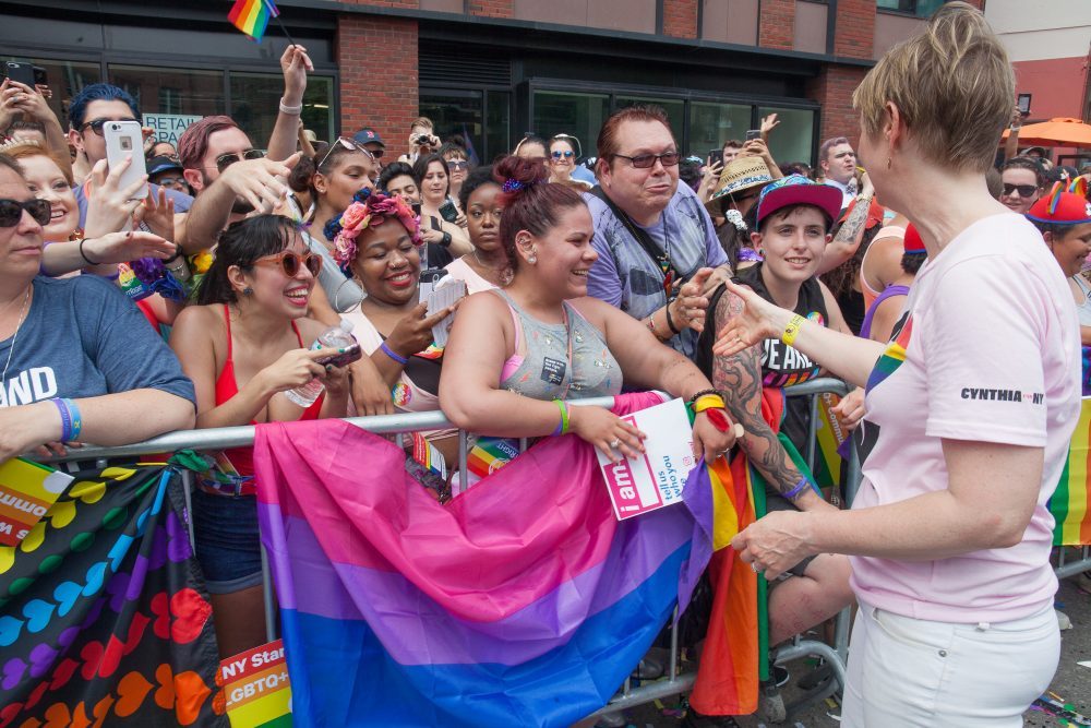 Sunday, June 24, 2018. New York City – New Yorkers celebrated the biggest LGBTQ Pride March in the United States of America. This year, the NYC Pride March celebrated 49 years. Cynthia Nixon was one of the thousands of people that marched this year. Cynthia is Lesbian and has a Transgender son. Cynthia Nixon is a lifelong New Yorker, actor, and progressive advocate running for governor of New York State to fight for a better, more fair New York. The primary elections in New York are on Thursday, September 13, 2018. Photo by Javier Soriano/LoveIsAmor.com