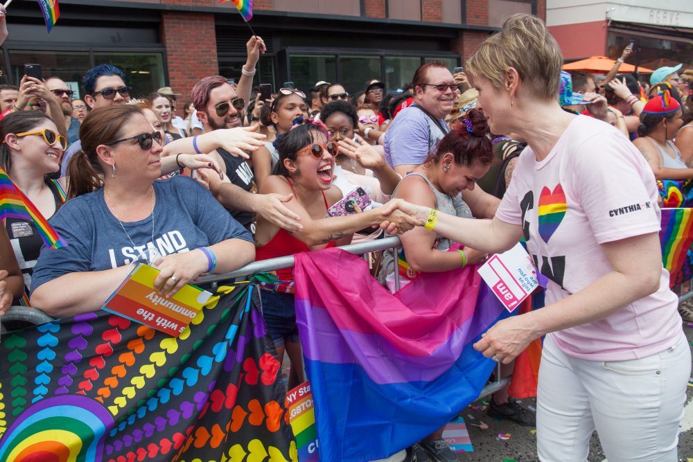 Sunday, June 24, 2018. New York City – New Yorkers celebrated the biggest LGBTQ Pride March in the United States of America. This year, the NYC Pride March celebrated 49 years. Cynthia Nixon was one of the thousands of people that marched this year. Cynthia is Lesbian and has a Transgender son. Cynthia Nixon is a lifelong New Yorker, actor, and progressive advocate running for governor of New York State to fight for a better, more fair New York. The primary elections in New York are on Thursday, September 13, 2018. Photo by Javier Soriano/LoveIsAmor.com