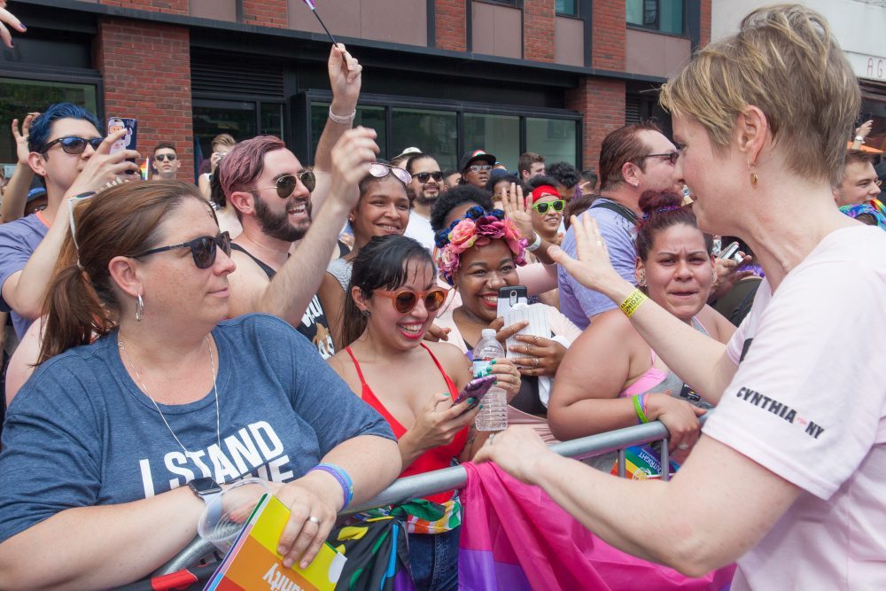 Sunday, June 24, 2018. New York City – New Yorkers celebrated the biggest LGBTQ Pride March in the United States of America. This year, the NYC Pride March celebrated 49 years. Cynthia Nixon was one of the thousands of people that marched this year. Cynthia is Lesbian and has a Transgender son. Cynthia Nixon is a lifelong New Yorker, actor, and progressive advocate running for governor of New York State to fight for a better, more fair New York. The primary elections in New York are on Thursday, September 13, 2018. Photo by Javier Soriano/LoveIsAmor.com