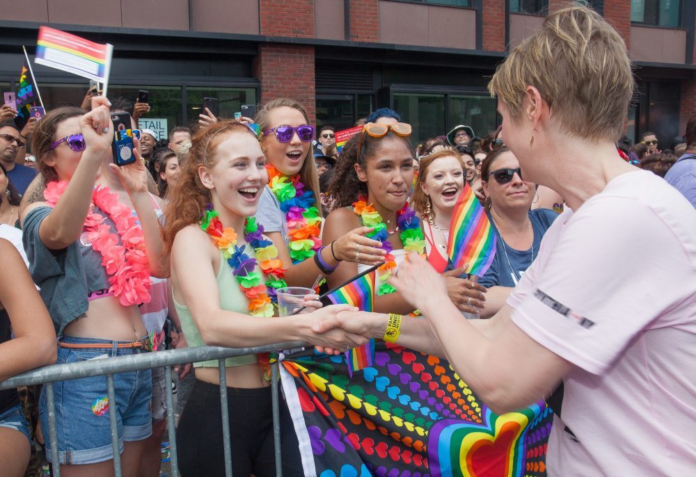 Sunday, June 24, 2018. New York City – New Yorkers celebrated the biggest LGBTQ Pride March in the United States of America. This year, the NYC Pride March celebrated 49 years. Cynthia Nixon was one of the thousands of people that marched this year. Cynthia is Lesbian and has a Transgender son. Cynthia Nixon is a lifelong New Yorker, actor, and progressive advocate running for governor of New York State to fight for a better, more fair New York. The primary elections in New York are on Thursday, September 13, 2018. Photo by Javier Soriano/LoveIsAmor.com
