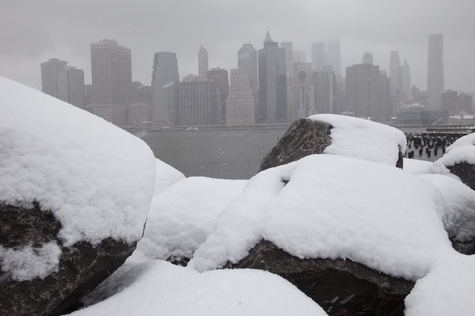 Wednesday, March 21, 2018. Brooklyn, New York City - Today was the first day of Spring, but it feels like Winter. It is snowing at the Brooklyn Bridge Park. A beautiful Winter-Spring day! Photo by Javier Soriano/LoveIsAmor.com