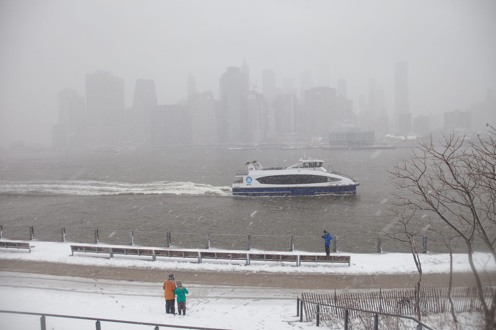 Wednesday, March 21, 2018. Brooklyn, New York City - Today was the first day of Spring, but it feels like Winter. It is snowing at the Brooklyn Bridge Park. A beautiful Winter-Spring day! Photo by Javier Soriano/LoveIsAmor.com