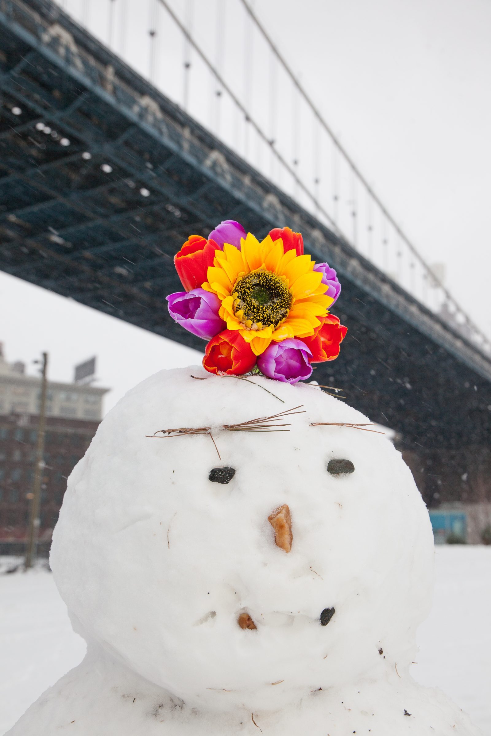 Wednesday, March 21, 2018. Brooklyn, New York City - Today was the first day of Spring, but it feels like Winter. It is snowing at the Brooklyn Bridge Park. I added flowers because it was the first day of Spring. Photo by Javier Soriano/LoveIsAmor.com