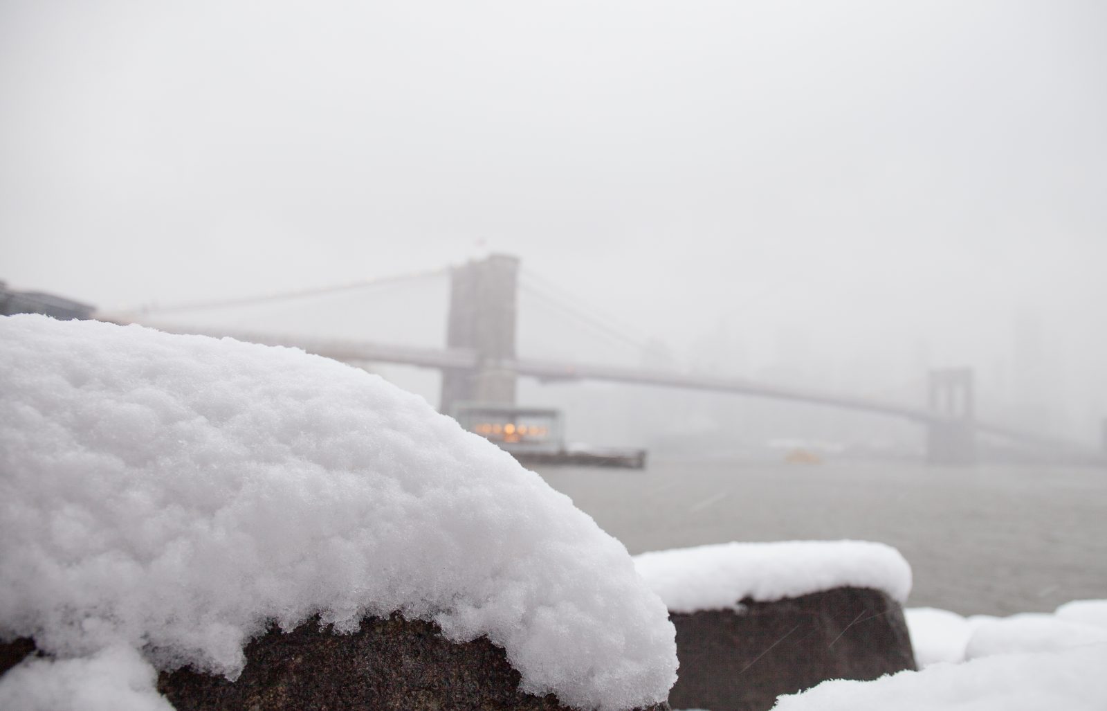 Wednesday, March 21, 2018. Brooklyn, New York City - Today was the first day of Spring, but it feels like Winter. It is snowing at the Brooklyn Bridge Park. A beautiful Winter-Spring day! Photo by Javier Soriano/LoveIsAmor.com