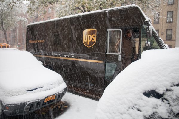 Thursday, November 15th, 2018. A UPS truck. Today was the first snowfall of 2018 in Brooklyn, New York City. Credit: Photo by LoveIsAmor.com