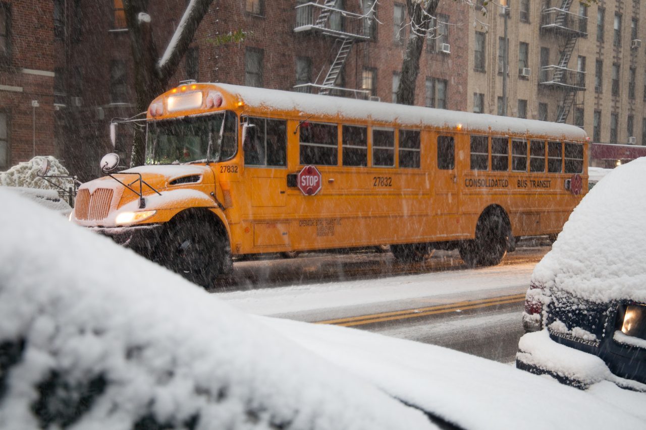 Thursday, November 15th, 2018. A yellow school bus. Today was the first snowfall of 2018 in Brooklyn, New York City. Credit: Photo by LoveIsAmor.com