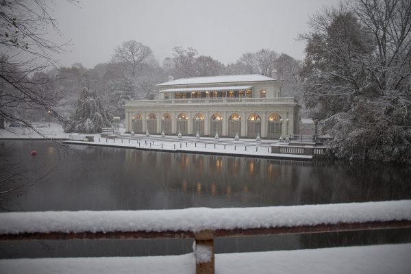 Thursday, November 15th, 2018. Prospect Park Boathouse + Audubon Center covered with snow. It is still Fall (Autumn), but today was the first snowfall of 2018 in Brooklyn, New York City. Credit: Photo by LoveIsAmor.com
