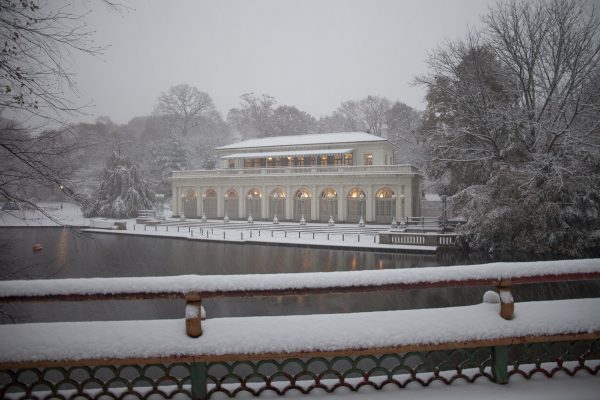 Thursday, November 15th, 2018. Prospect Park Boathouse + Audubon Center covered with snow. It is still Fall (Autumn), but today was the first snowfall of 2018 in Brooklyn, New York City. Credit: Photo by LoveIsAmor.com