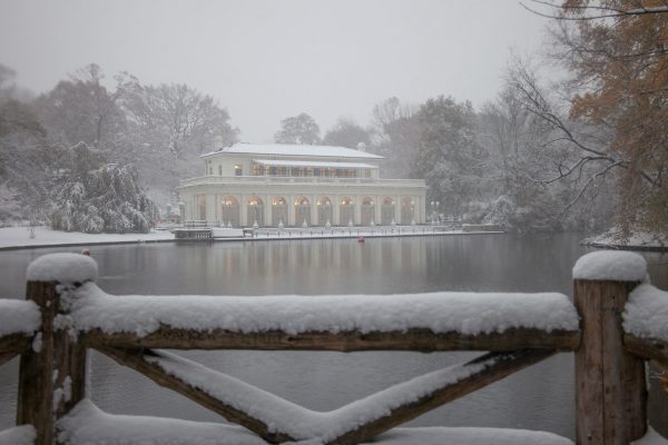 Thursday, November 15th, 2018. Prospect Park Boathouse + Audubon Center covered with snow. It is still Fall (Autumn), but today was the first snowfall of 2018 in Brooklyn, New York City. Credit: Photo by LoveIsAmor.com