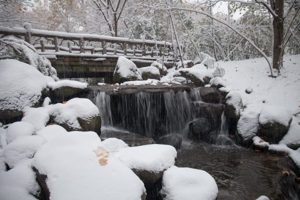 Thursday, November 15th, 2018. A small waterfall in Prospect Park. It is still Fall (Autumn), but today was the first snowfall of 2018 in Brooklyn, New York City. Credit: Photo by LoveIsAmor.com