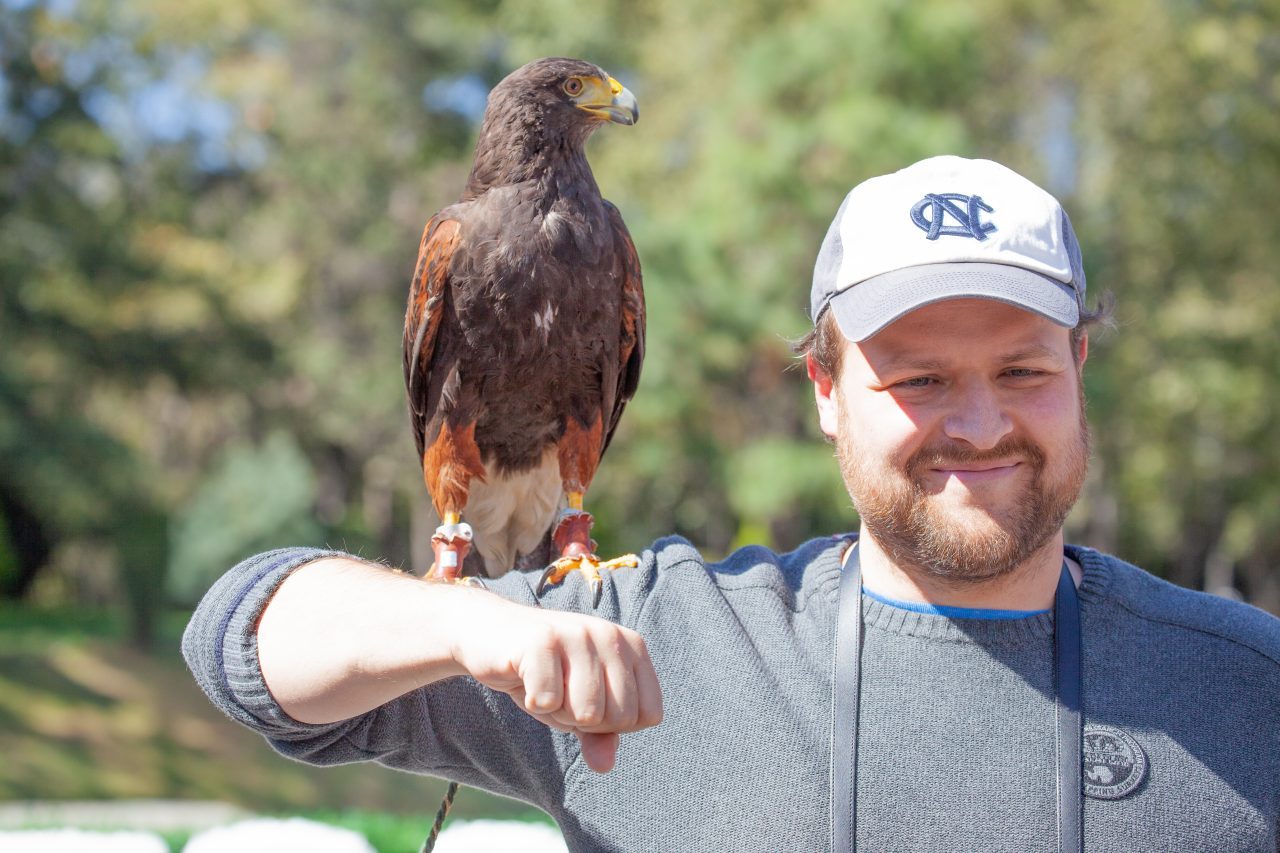 Mexico City, Mexico. Saturday, December 1, 2018. Man with a eagle at Los Pinos. The "Official Residence of Los Pinos" was the residence of the Mexican presidents. As of Saturday, December 1, 2018, it will be known as the "Los Pinos Cultural Complex." The official website says: "Los Pinos will be a completely open space for all Mexicans." Today was the inauguration of Mexican President Andrés Manuel López Obrador. People came to Los Pinos to celebrate this historic day. Credit: Photo by LoveIsAmor.com