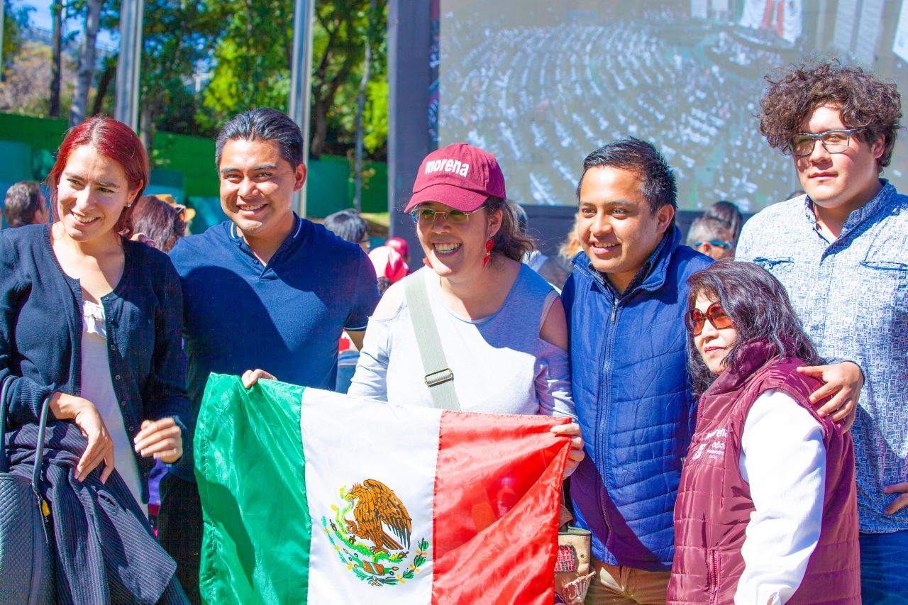 Mexico City, Mexico. Saturday, December 1, 2018. People with the Mexican flag at the new cultural facility. The "Official Residence of Los Pinos" was the residence of the Mexican presidents. As of Saturday, December 1, 2018, it will be known as the "Los Pinos Cultural Complex." The official website says: "Los Pinos will be a completely open space for all Mexicans." Today was the inauguration of Mexican President Andrés Manuel López Obrador. People came to Los Pinos to celebrate this historic day. Credit: Photo by LoveIsAmor.com