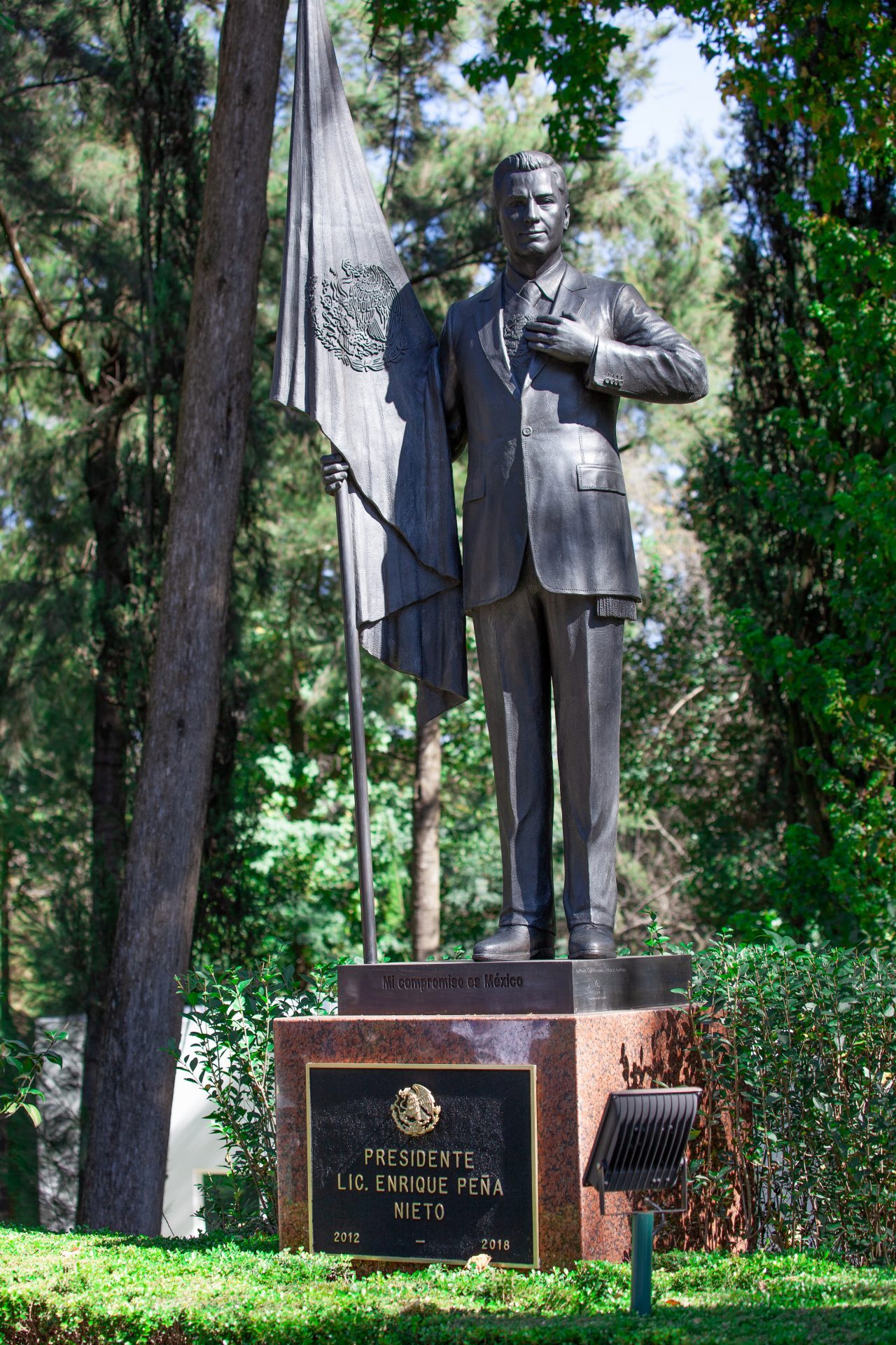 Mexico City, Mexico. Saturday, December 1, 2018. Statue of former Mexican President Enrique Peña Nieto at the new cultural facility. The "Official Residence of Los Pinos" was the residence of the Mexican presidents. As of Saturday, December 1, 2018, it will be known as the "Los Pinos Cultural Complex." The official website says: "Los Pinos will be a completely open space for all Mexicans." Today was the inauguration of Mexican President Andrés Manuel López Obrador. People came to Los Pinos to celebrate this historic day. Credit: Photo by LoveIsAmor.com