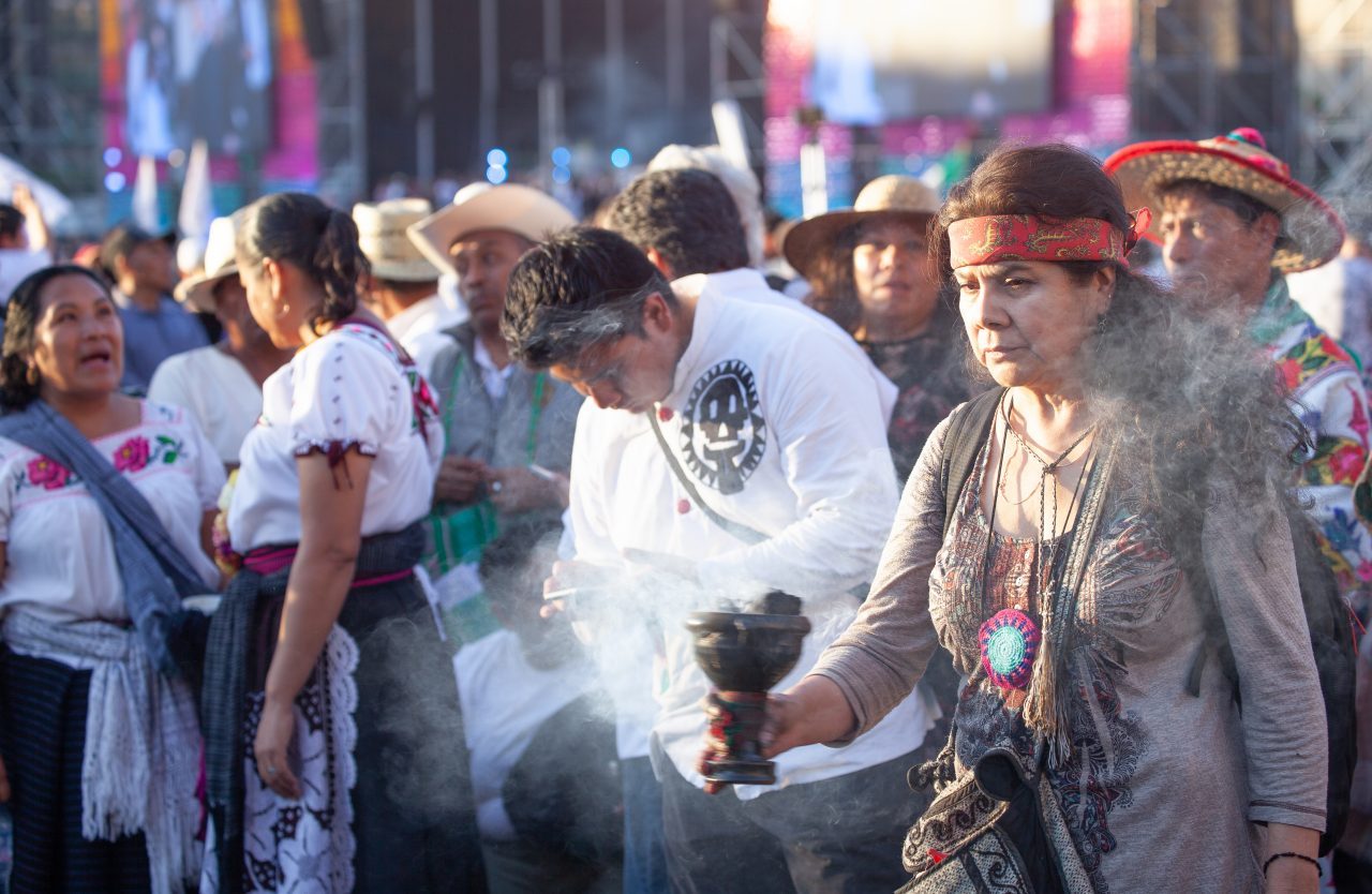 Mexico City, Mexico. Saturday, December 1, 2018. Mexicans celebrate on the Zocalo the inauguration of Mexican President Andrés Manuel López Obrador. People came to celebrate this historic day. López Obrador – known as AMLO - said, “We are going to govern for everyone, but we are going to give preference to the most impoverished and vulnerable. For the good of all, the poor come first.” Andrés Manuel received a spiritual cleansing by indigenous women and men as part of the celebrations. “What we want, what we desire is to purify public life in Mexico. I repeat my commitment: I will not lie, I will not steal or betray the people of Mexico,” the new President said during the religious ceremony. Credit: Photo by LoveIsAmor.com