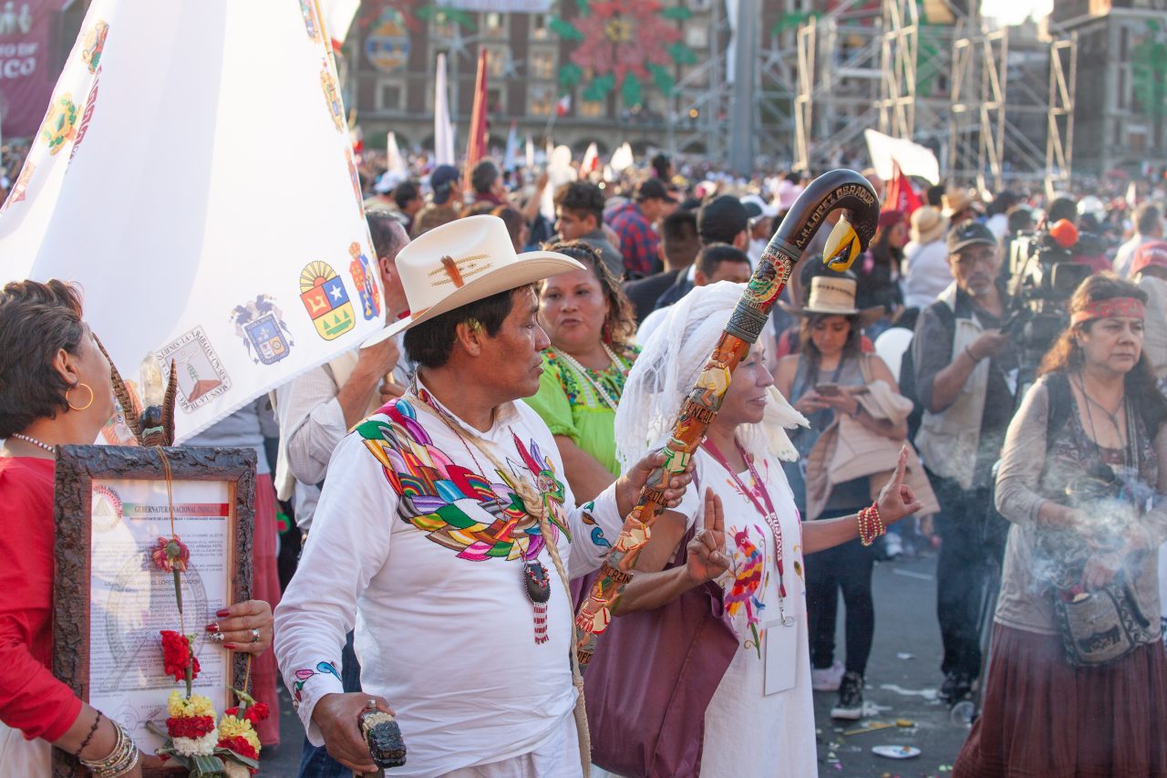 Mexico City, Mexico. Saturday, December 1, 2018. Mexicans celebrate on the Zocalo the inauguration of Mexican President Andrés Manuel López Obrador. People came to celebrate this historic day. López Obrador – known as AMLO - said, “We are going to govern for everyone, but we are going to give preference to the most impoverished and vulnerable. For the good of all, the poor come first.” Andrés Manuel received a spiritual cleansing by indigenous women and men as part of the celebrations. “What we want, what we desire is to purify public life in Mexico. I repeat my commitment: I will not lie, I will not steal or betray the people of Mexico,” the new President said during the religious ceremony. Credit: Photo by LoveIsAmor.com