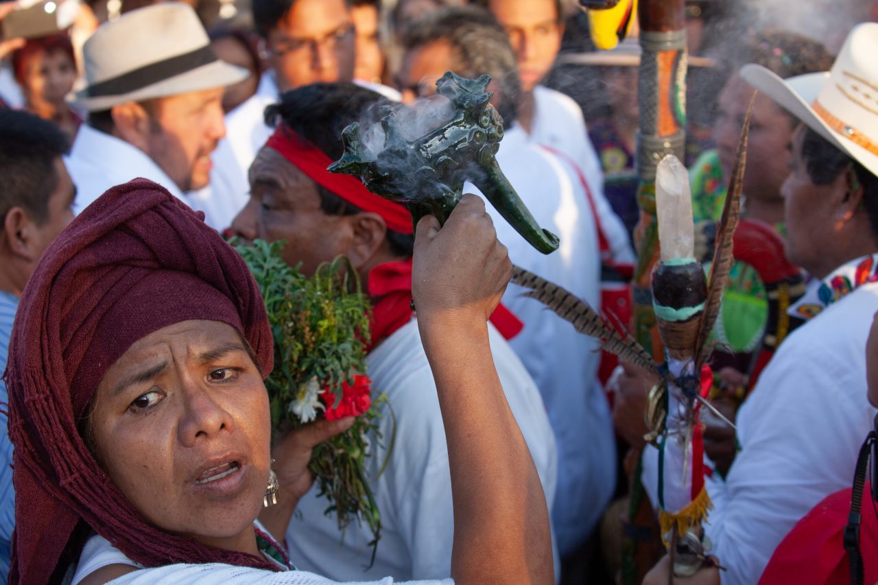 Mexico City, Mexico. Saturday, December 1, 2018. Mexicans celebrate on the Zocalo the inauguration of Mexican President Andrés Manuel López Obrador. People came to celebrate this historic day. López Obrador – known as AMLO - said, “We are going to govern for everyone, but we are going to give preference to the most impoverished and vulnerable. For the good of all, the poor come first.” Andrés Manuel received a spiritual cleansing by indigenous women and men as part of the celebrations. “What we want, what we desire is to purify public life in Mexico. I repeat my commitment: I will not lie, I will not steal or betray the people of Mexico,” the new President said during the religious ceremony. Credit: Photo by LoveIsAmor.com