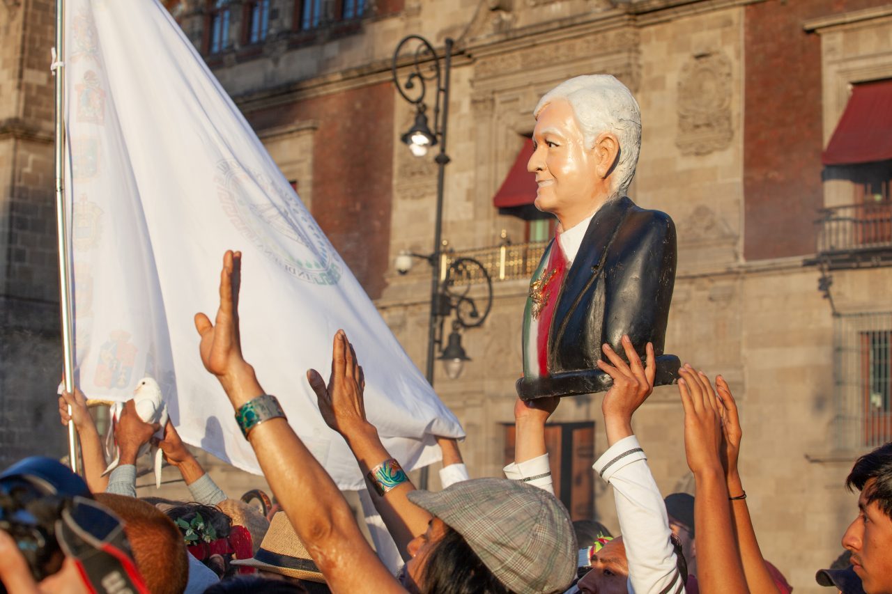 Mexico City, Mexico. Saturday, December 1, 2018. Mexicans celebrate on the Zocalo the inauguration of Mexican President Andrés Manuel López Obrador. People came to celebrate this historic day. López Obrador – known as AMLO - said, “We are going to govern for everyone, but we are going to give preference to the most impoverished and vulnerable. For the good of all, the poor come first.” Andrés Manuel received a spiritual cleansing by indigenous women and men as part of the celebrations. “What we want, what we desire is to purify public life in Mexico. I repeat my commitment: I will not lie, I will not steal or betray the people of Mexico,” the new President said during the religious ceremony. Credit: Photo by LoveIsAmor.com