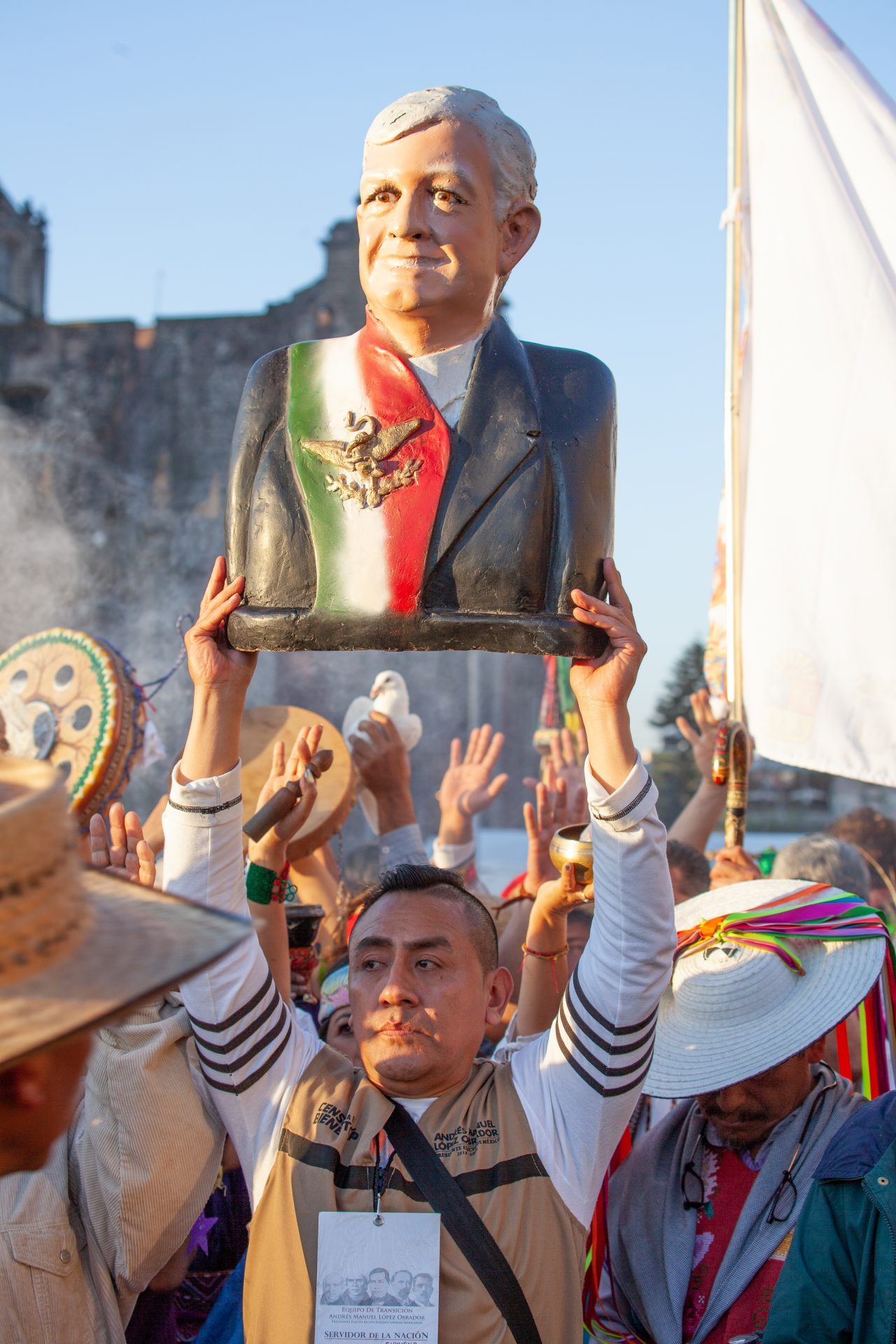 Mexico City, Mexico. Saturday, December 1, 2018. Mexicans celebrate on the Zocalo the inauguration of Mexican President Andrés Manuel López Obrador. People came to celebrate this historic day. López Obrador – known as AMLO - said, “We are going to govern for everyone, but we are going to give preference to the most impoverished and vulnerable. For the good of all, the poor come first.” Andrés Manuel received a spiritual cleansing by indigenous women and men as part of the celebrations. “What we want, what we desire is to purify public life in Mexico. I repeat my commitment: I will not lie, I will not steal or betray the people of Mexico,” the new President said during the religious ceremony. Credit: Photo by LoveIsAmor.com