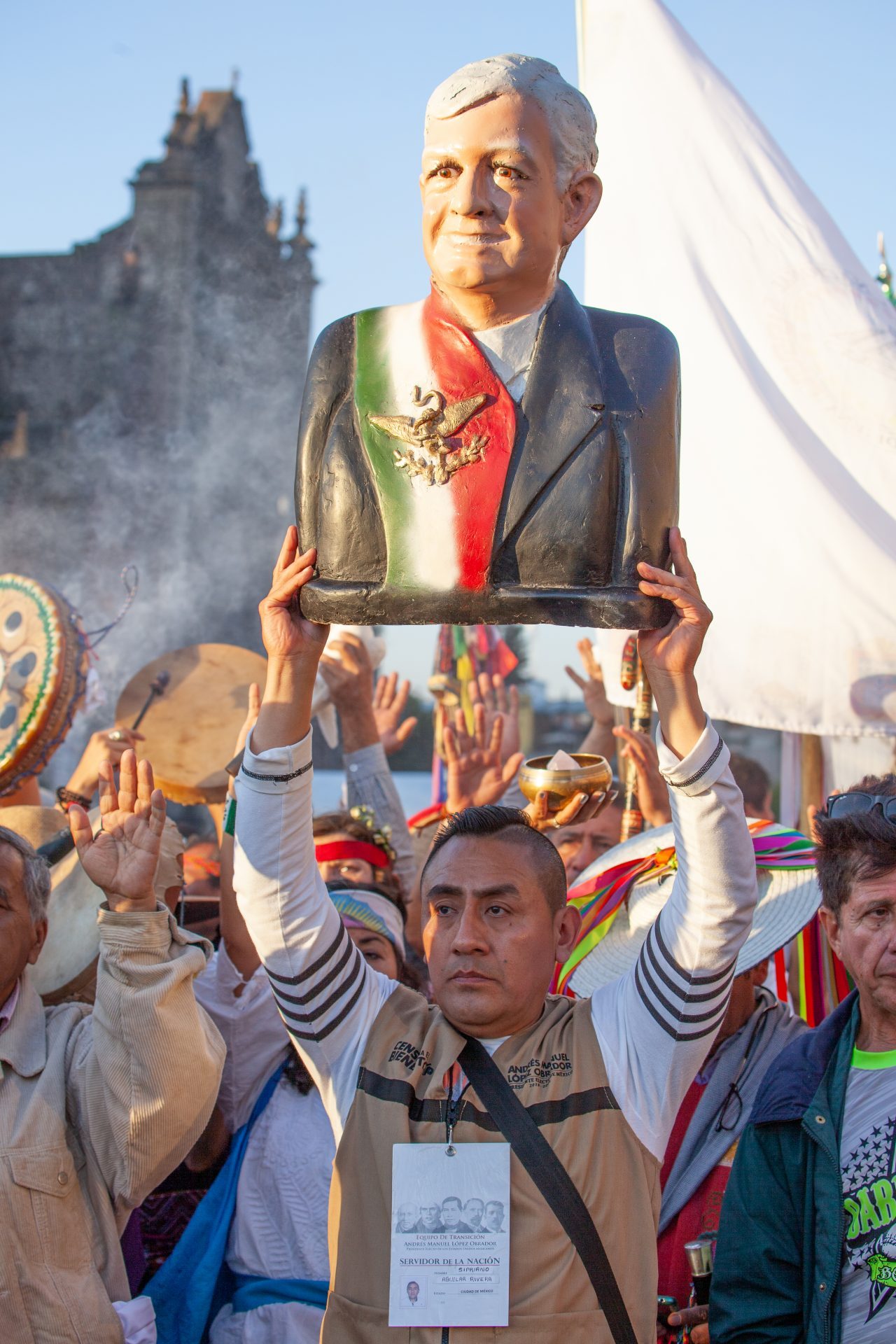 Mexico City, Mexico. Saturday, December 1, 2018. Mexicans celebrate on the Zocalo the inauguration of Mexican President Andrés Manuel López Obrador. People came to celebrate this historic day. López Obrador – known as AMLO - said, “We are going to govern for everyone, but we are going to give preference to the most impoverished and vulnerable. For the good of all, the poor come first.” Andrés Manuel received a spiritual cleansing by indigenous women and men as part of the celebrations. “What we want, what we desire is to purify public life in Mexico. I repeat my commitment: I will not lie, I will not steal or betray the people of Mexico,” the new President said during the religious ceremony. Credit: Photo by LoveIsAmor.com