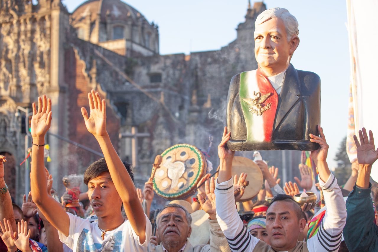 Mexico City, Mexico. Saturday, December 1, 2018. Mexicans celebrate on the Zocalo the inauguration of Mexican President Andrés Manuel López Obrador. People came to celebrate this historic day. López Obrador – known as AMLO - said, “We are going to govern for everyone, but we are going to give preference to the most impoverished and vulnerable. For the good of all, the poor come first.” Andrés Manuel received a spiritual cleansing by indigenous women and men as part of the celebrations. “What we want, what we desire is to purify public life in Mexico. I repeat my commitment: I will not lie, I will not steal or betray the people of Mexico,” the new President said during the religious ceremony. Credit: Photo by LoveIsAmor.com