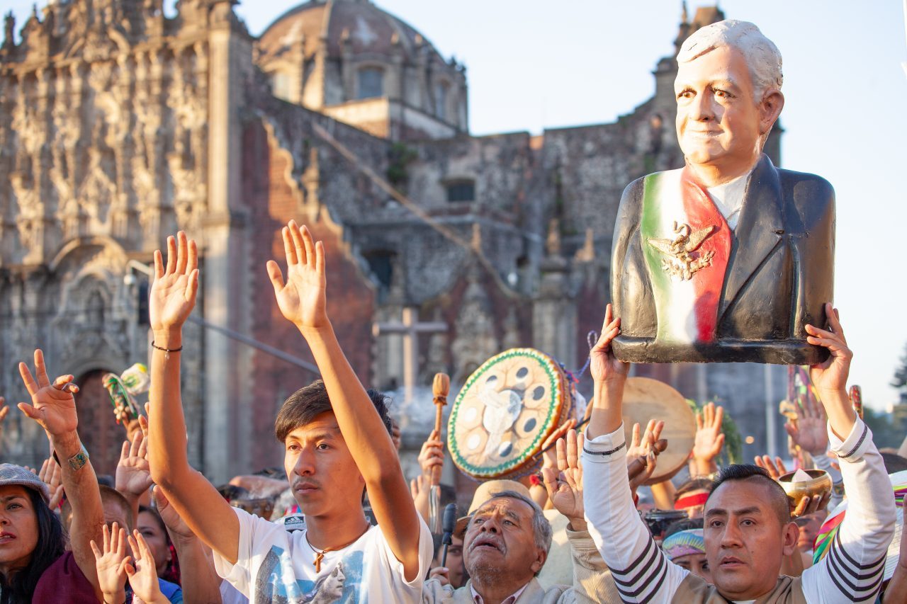Mexico City, Mexico. Saturday, December 1, 2018. Mexicans celebrate on the Zocalo the inauguration of Mexican President Andrés Manuel López Obrador. People came to celebrate this historic day. López Obrador – known as AMLO - said, “We are going to govern for everyone, but we are going to give preference to the most impoverished and vulnerable. For the good of all, the poor come first.” Andrés Manuel received a spiritual cleansing by indigenous women and men as part of the celebrations. “What we want, what we desire is to purify public life in Mexico. I repeat my commitment: I will not lie, I will not steal or betray the people of Mexico,” the new President said during the religious ceremony. Credit: Photo by LoveIsAmor.com