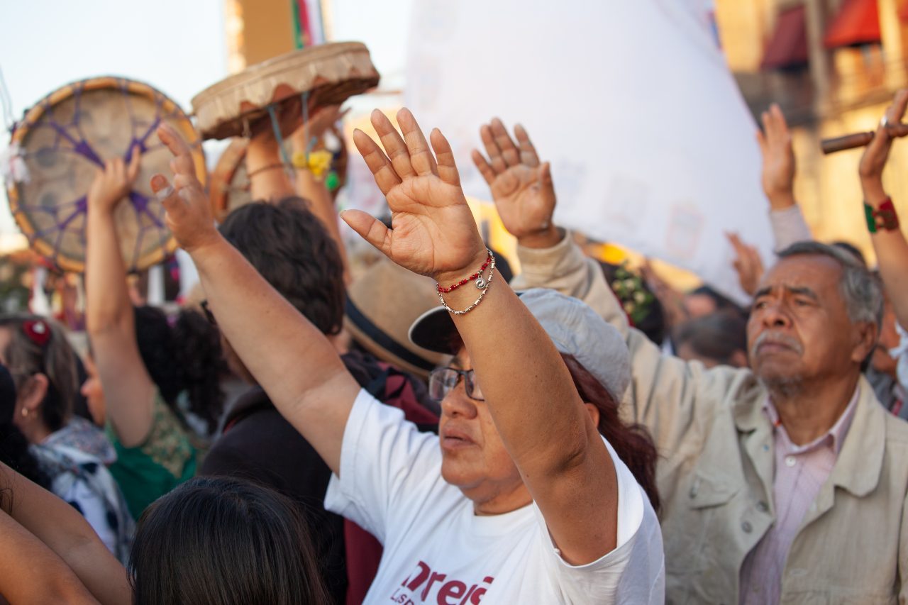 Mexico City, Mexico. Saturday, December 1, 2018. Mexicans celebrate on the Zocalo the inauguration of Mexican President Andrés Manuel López Obrador. People came to celebrate this historic day. López Obrador – known as AMLO - said, “We are going to govern for everyone, but we are going to give preference to the most impoverished and vulnerable. For the good of all, the poor come first.” Andrés Manuel received a spiritual cleansing by indigenous women and men as part of the celebrations. “What we want, what we desire is to purify public life in Mexico. I repeat my commitment: I will not lie, I will not steal or betray the people of Mexico,” the new President said during the religious ceremony. Credit: Photo by LoveIsAmor.com
