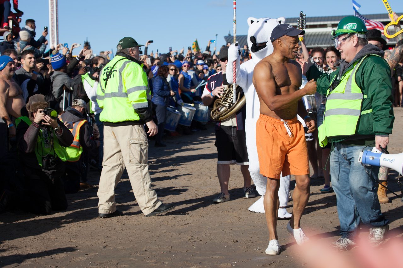 Coney island, Brooklyn. New York City. Tuesday, January 1, 2019 - Today was the New Year’s Day Polar Bear Plunge at Coney Island, New York City. The shirtless Black man is Eric Leroy Adams, the Borough President of Brooklyn. Credit: Photo by LoveIsAmor.com