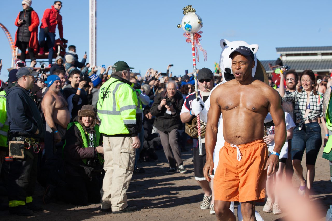 Coney island, Brooklyn. New York City. Tuesday, January 1, 2019 - Today was the New Year’s Day Polar Bear Plunge at Coney Island, New York City. The shirtless Black man is Eric Leroy Adams, the Borough President of Brooklyn. Credit: Photo by LoveIsAmor.com