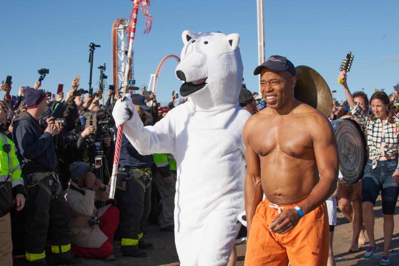 Coney island, Brooklyn. New York City. Tuesday, January 1, 2019 - Today was the New Year’s Day Polar Bear Plunge at Coney Island, New York City. The shirtless Black man is Eric Leroy Adams, the Borough President of Brooklyn. Credit: Photo by LoveIsAmor.com