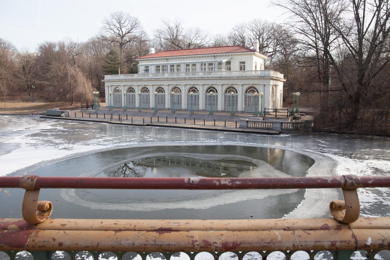 Brooklyn, New York City. Saturday, February 2, 2019 - Most of the lake in front of the Boathouse + Audubon Center in Prospect Park is frozen. Credit: Photo by LoveIsAmor.com