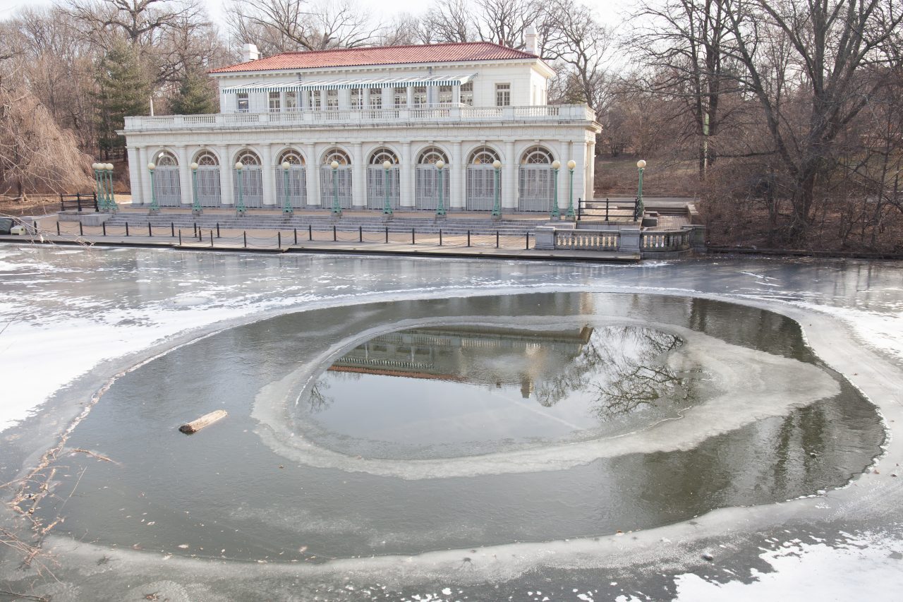 Brooklyn, New York City. Saturday, February 2, 2019 - Most of the lake in front of the Boathouse + Audubon Center in Prospect Park is frozen. Credit: Photo by LoveIsAmor.com