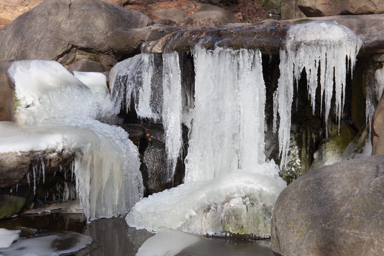 Brooklyn, New York City. Saturday, February 2, 2019 - A waterfall in Prospect Park is frozen. Credit: Photo by LoveIsAmor.com
