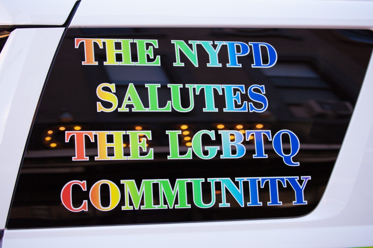 Saturday, June 8th, 2019. Brooklyn, New York City - NYPD car at the Brooklyn Pride Parade/March. The sign reads: "The NYPD salutes the LGBTQ community". This year, Brooklyn celebrated the 23rd Annual Brooklyn Pride Parade/March. Brooklyn Pride was ranked within the top 10 of the 20 best places in the US to celebrate pride by matadornetwork.com. This year is the 50th anniversary of the Stonewall revolution. Credit: Photo by LoveIsAmor.com