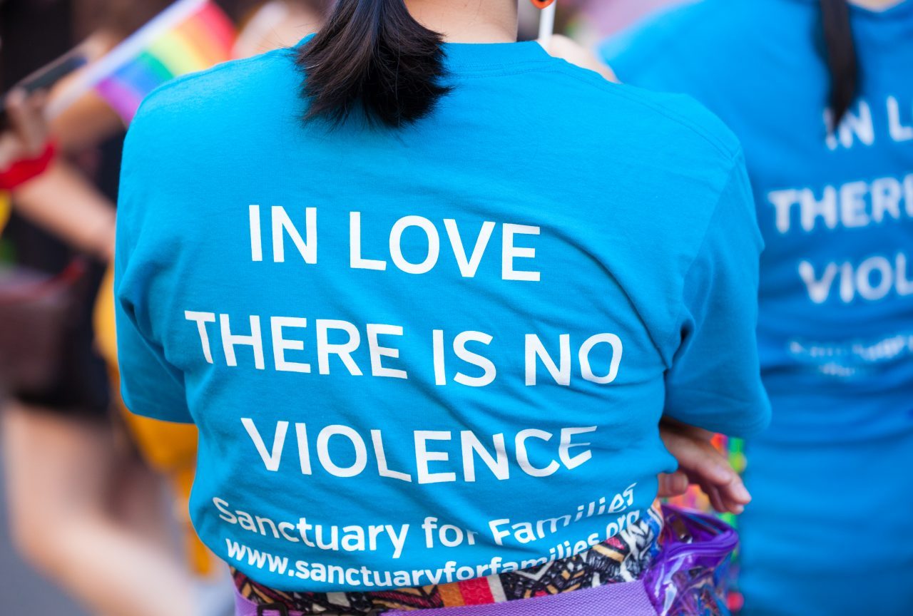 Saturday, June 8th, 2019. Brooklyn, New York City - Sanctuary for Families activists at the Brooklyn Pride Parade/March. Their t-shirt says: "IN LOVE THERE IS NO VIOLENCE". This year, Brooklyn celebrated the 23rd Annual Brooklyn Pride Parade/March. Brooklyn Pride was ranked within the top 10 of the 20 best places in the US to celebrate pride by matadornetwork.com. This year is the 50th anniversary of the Stonewall revolution. Credit: Photo by LoveIsAmor.com