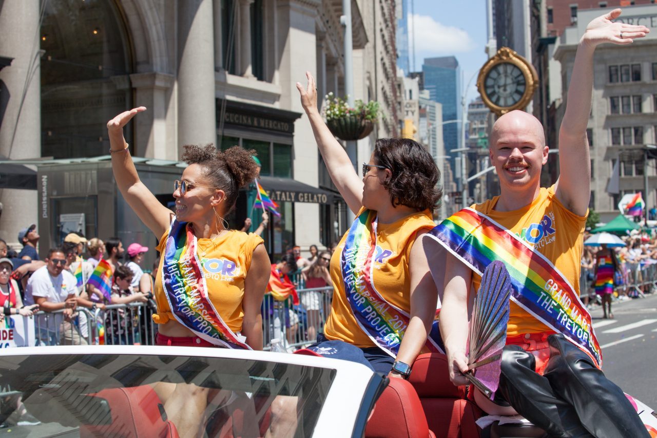 Sunday, June 30th, 2019. New York City - Grand Marshals. The Trevor Project at the NYC Pride March. The Trevor Project is the leading and only accredited national organization providing crisis intervention and suicide prevention services to lesbian, gay, bisexual, transgender, queer & questioning (LGBTQ) young people. The 50th anniversary of the Stonewall Rebellion was on Friday, June 28th, 2019. People from around the world came to New York City to celebrate. Credit: Photo by LoveIsAmor.com