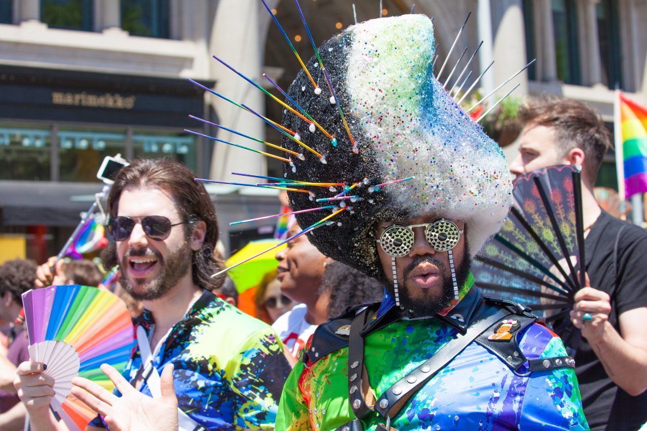 Sunday, June 30th, 2019. New York City - Black man wearing a beautiful costume at the NYC Pride March. The 50th anniversary of the Stonewall Rebellion was on Friday, June 28th, 2019. People from around the world came to New York City to celebrate. Credit: Photo by LoveIsAmor.com